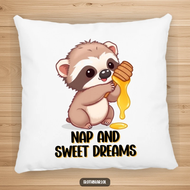 Funny pillow featuring a cute sloth bear cub playfully reaching for honey, offering comfort and adorable charm.