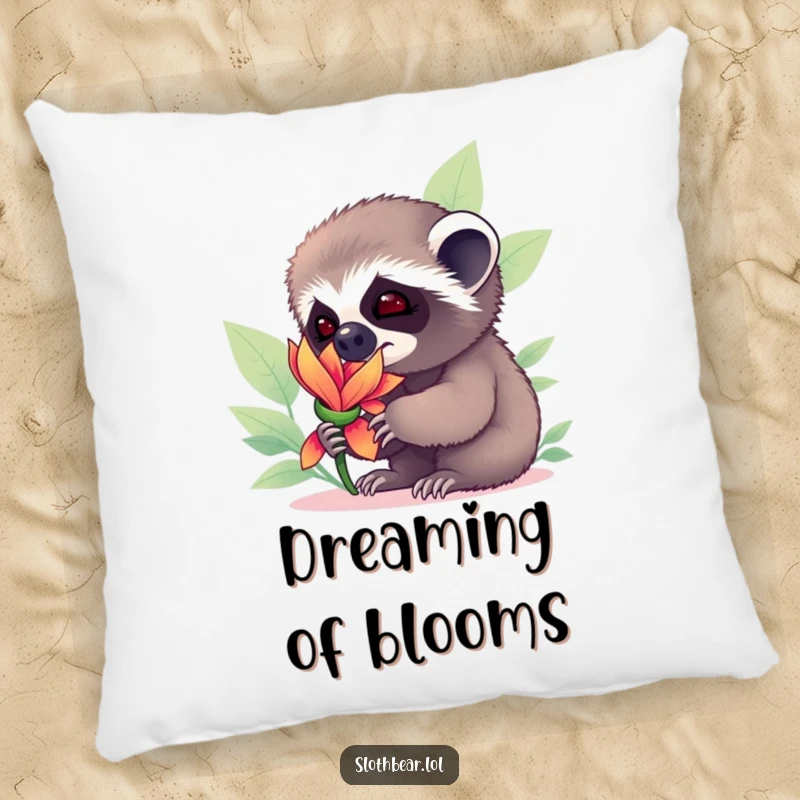 A soft, huggable pillow featuring a funny sloth bear cub curiously sniffing a colorful exotic flower.