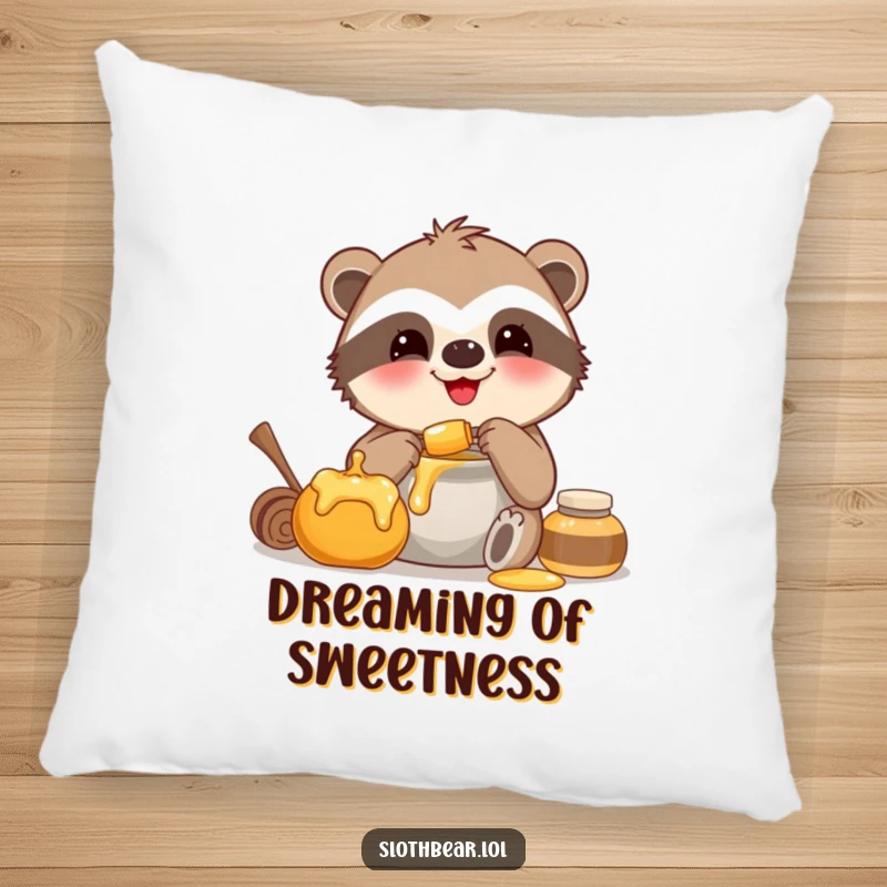 Funny pillow featuring a smiling sloth bear happily munching on a honey pot, perfect for comfort and joy.