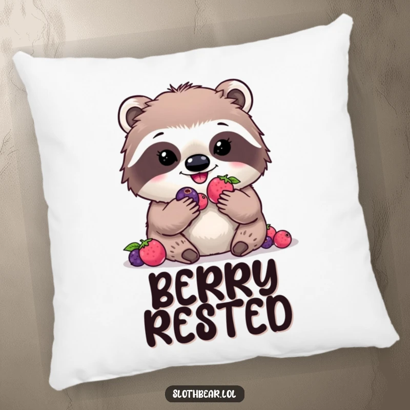 Funny kawaii sloth bear pillow with a cute character happily eating digital berries, providing comfort and humor.