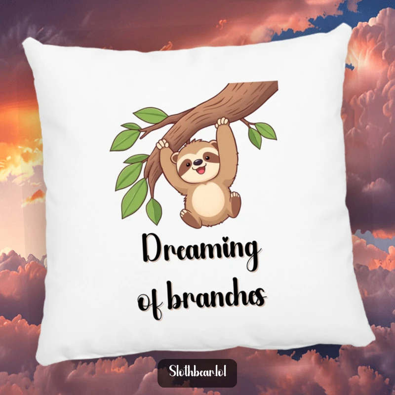 Funny kawaii sloth bear happily swinging from a branch, depicted on a soft, decorative pillow for ultimate comfort and cheer.