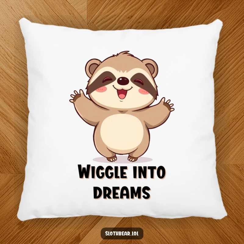 Funny pillow decor: A kawaii sloth bear character doing a slow, happy wiggle, perfect for a cozy, joyful atmosphere.