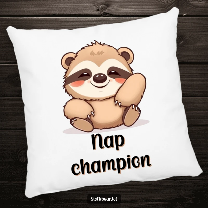 Funny pillow with a sloth bear stretching lazily with a huge, contented grin, offering soft comfort and humorous relaxation.