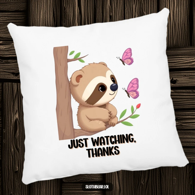 Funny Pillow featuring a sloth bear with curious eyes watching a butterfly, bringing gentle humor and comfort.