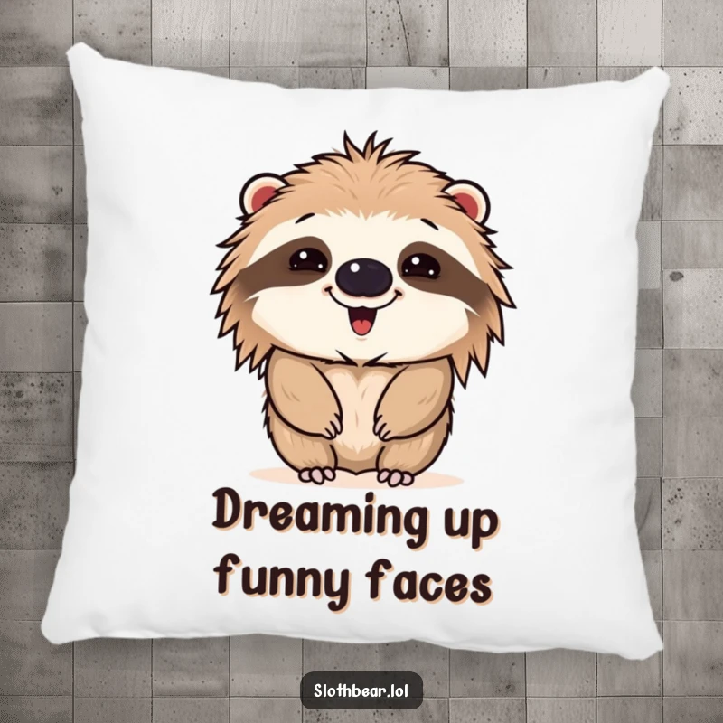 Funny pillow featuring a sloth bear making a comical face, adding a touch of playful humor and cozy charm to any room.