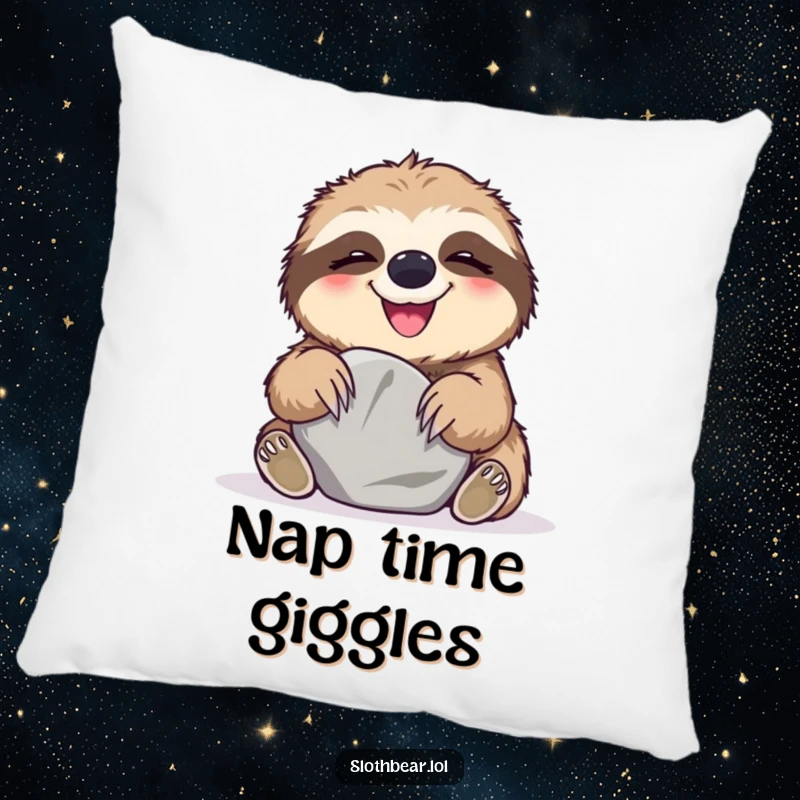 Funny Pillow featuring a sloth bear giggling while playing with a smooth stone, offering soft comfort and infectious humor.