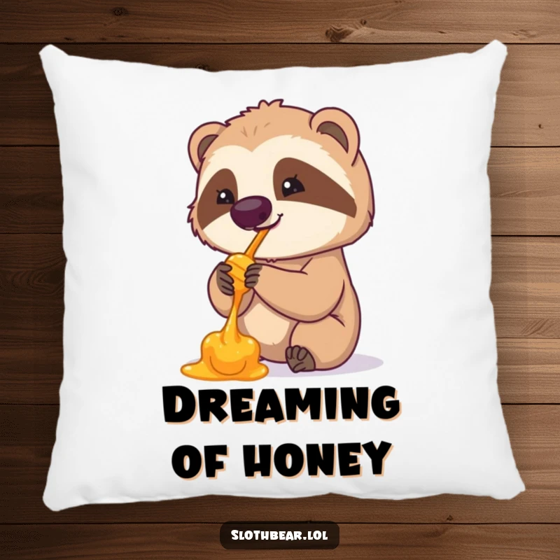 Funny accent pillow featuring a sloth bear enjoying delicious honey from its paw. A cozy and humorous addition to any living space.