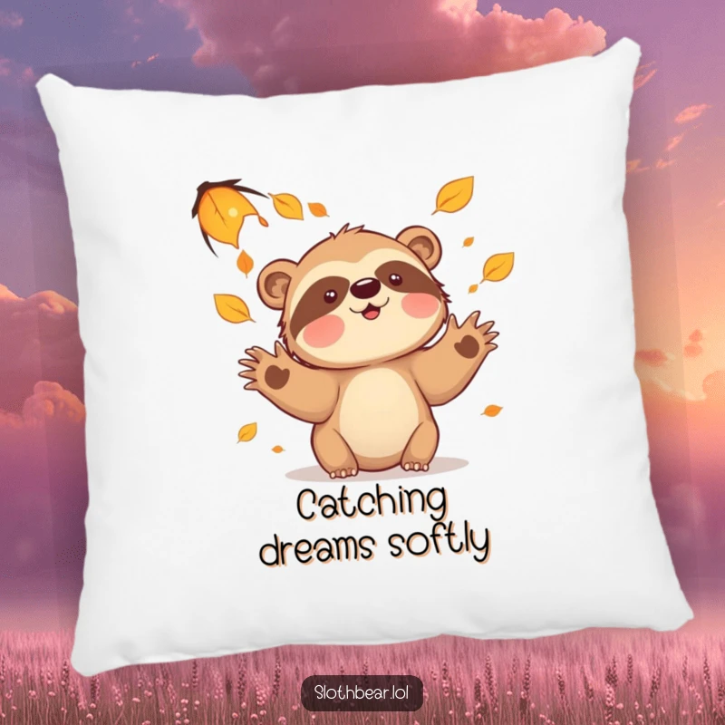 Funny sloth bear leaves pillow, a soft and cozy cushion featuring a character playfully catching leaves, ideal for fall decor.