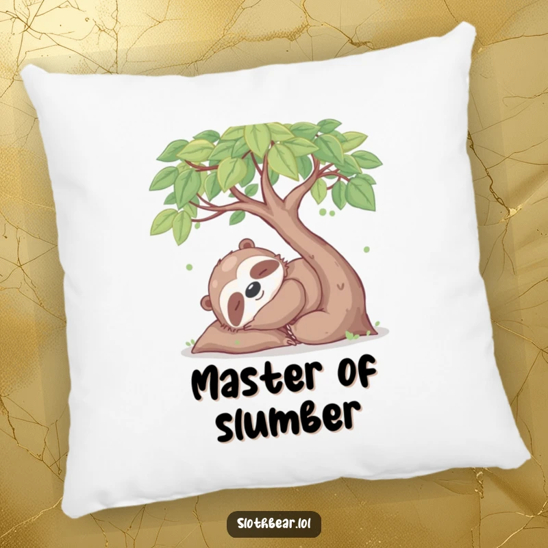 Funny pillow featuring a happy sloth bear character napping under a leafy tree, providing cozy comfort and a humorous touch.