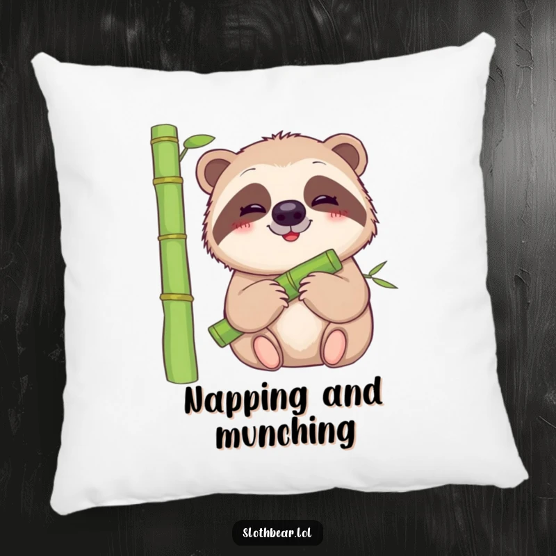 Funny sloth bear pillow featuring a gentle bear with a smile munching on bamboo, soft, cute, and comforting.