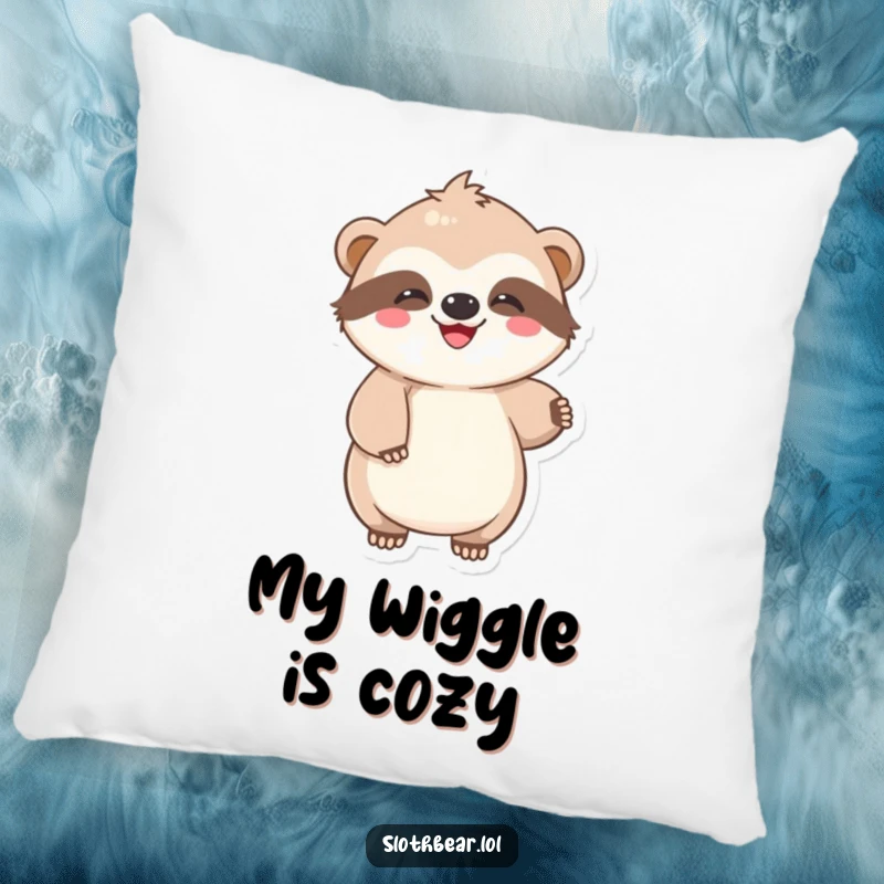 Funny Pillow featuring a kawaii sloth bear character in a lazy, joyful wiggle, perfect for adding comfort and whimsical humor.