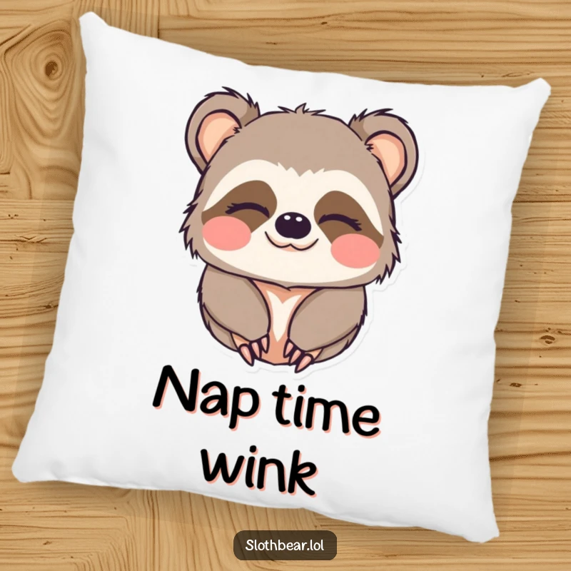 Funny pillow featuring a cute kawaii sloth bear character looking sleepy and giving a charming wink.