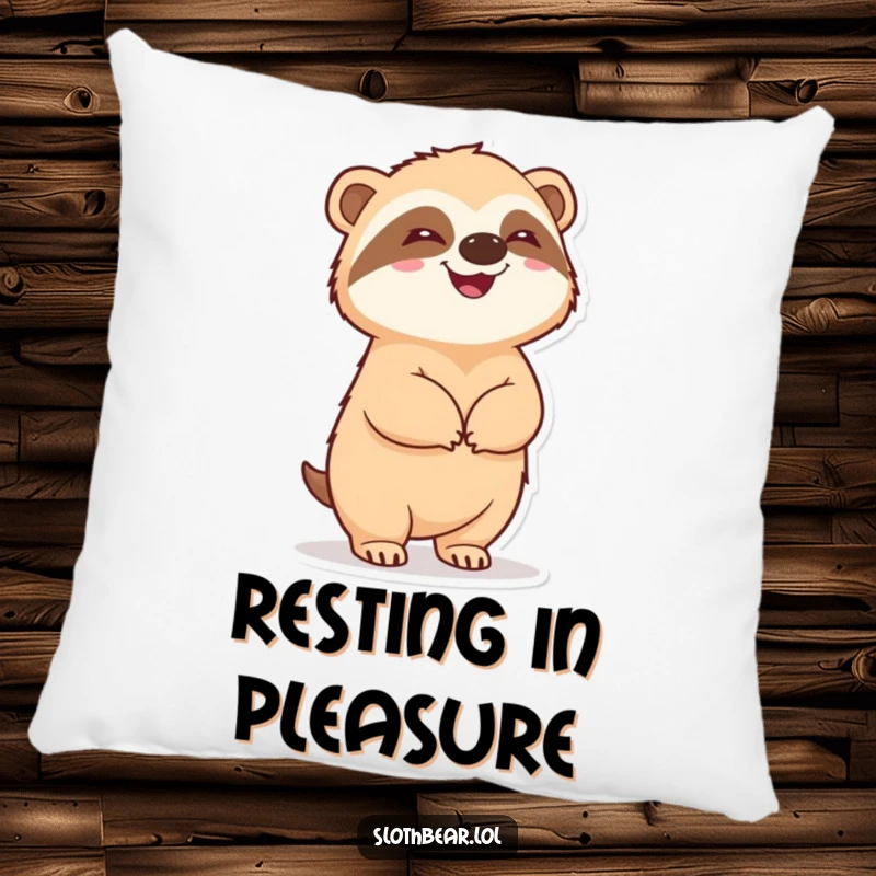 A soft, comforting pillow featuring a funny sloth bear standing upright and looking very pleased with itself.