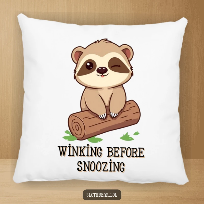 Funny Sloth Bear Pillow showing a winking character sitting on a log, perfect for adding cozy comfort and a playful mood.
