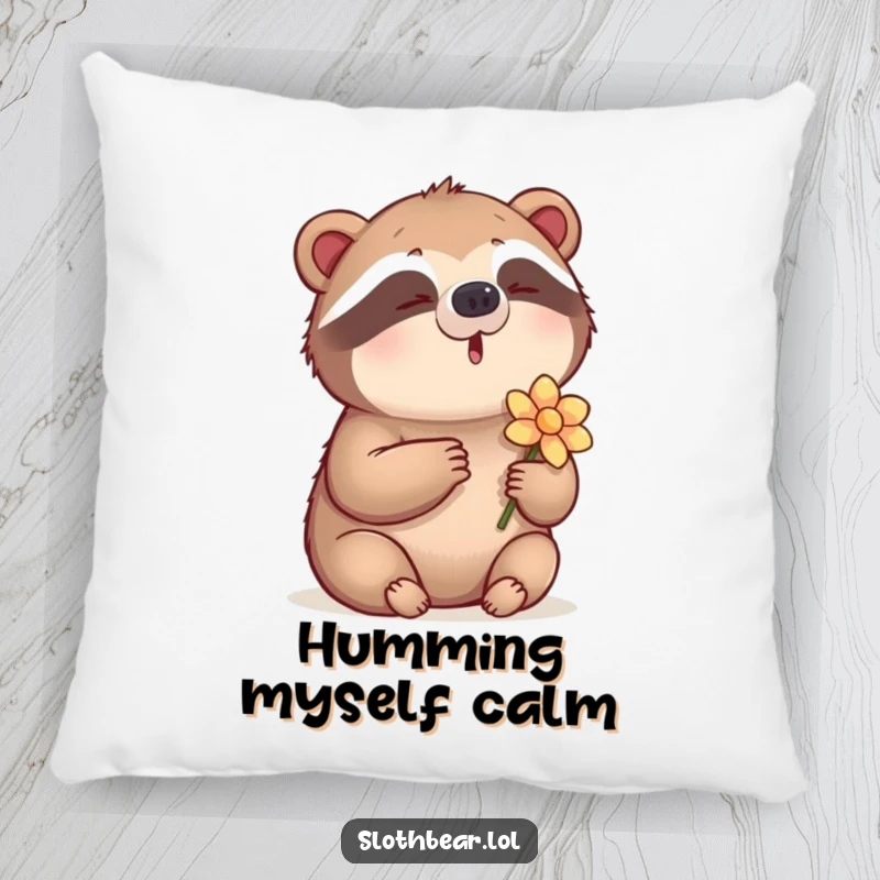 Funny Pillow featuring a sloth bear humming a tune and holding a flower, offering soft comfort and gentle humor.
