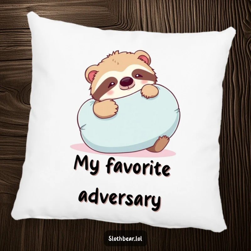 Funny sloth bear pillow featuring a bear playfully wrestling with a large, soft pillow, soft, cute, and fun.