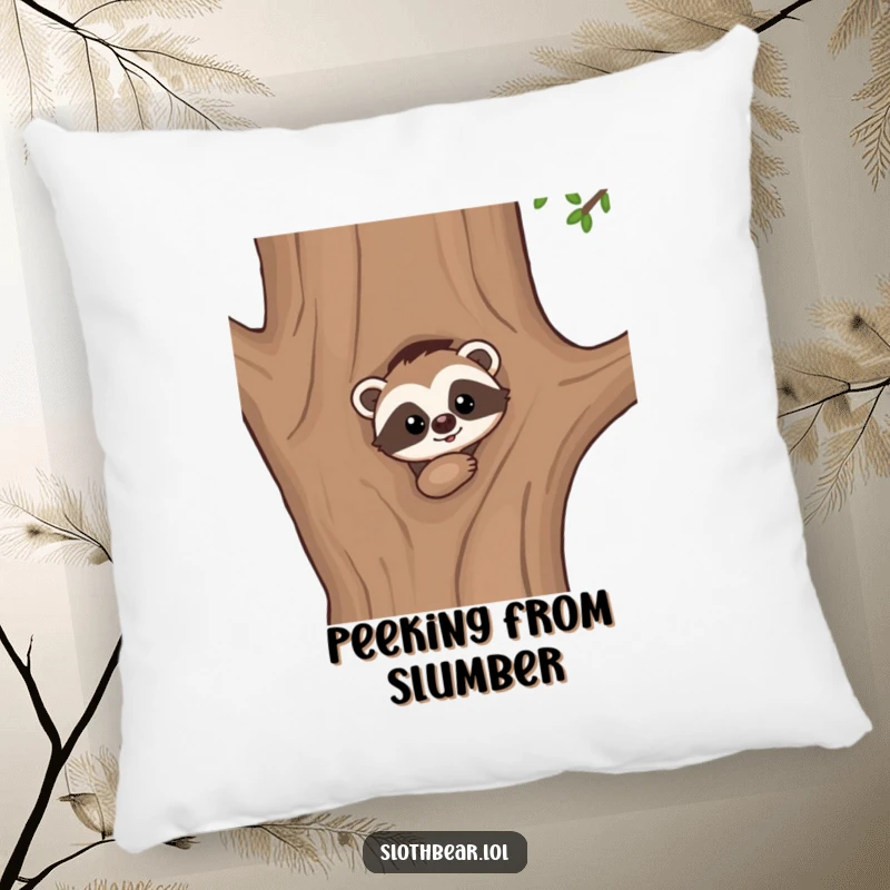 Funny pillow decor: A kawaii sloth bear character peeking from behind a tree, perfect for a cozy, mysterious atmosphere.