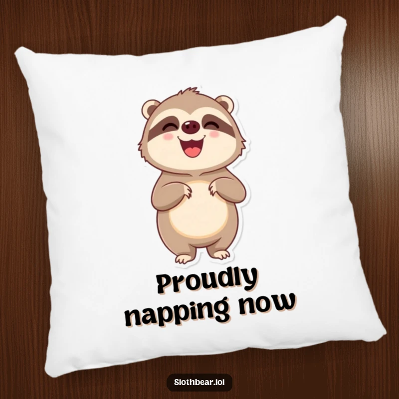 Funny delighted sloth bear character standing on hind legs looking pleased, printed on a soft and decorative pillow.