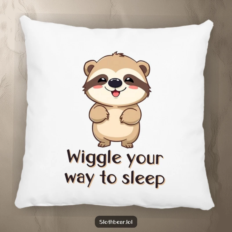 Funny pillow featuring a sloth bear in a comical wiggle, adding a touch of playful humor and cozy charm to any room.