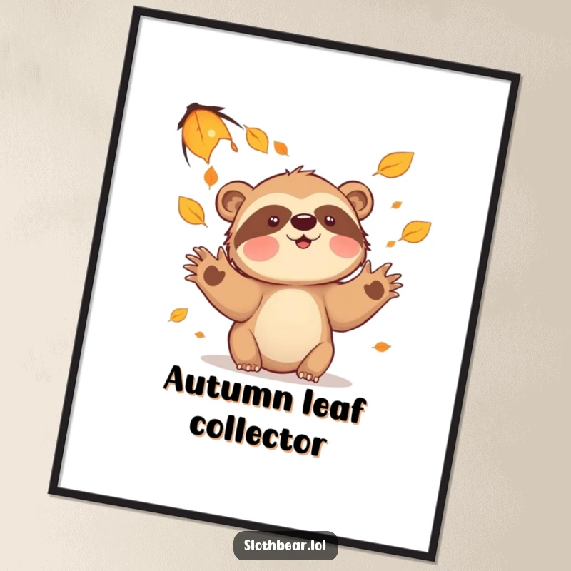 Funny sloth bear leaves digital art print, capturing a playful autumn scene with falling leaves, ideal for instant decor.
