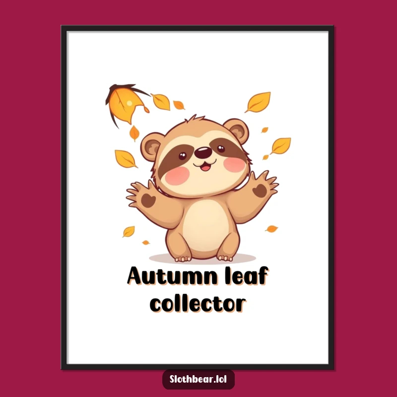 Funny Sloth Bear Leaves Digital Art - Instant Download Autumn Playful Decor
