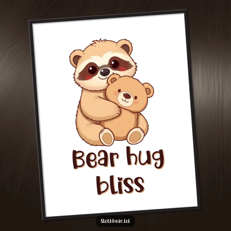 Funny Digital Art Print of a kawaii sloth bear character hugging a fuzzy teddy bear, perfect for instant decoration and warmth.