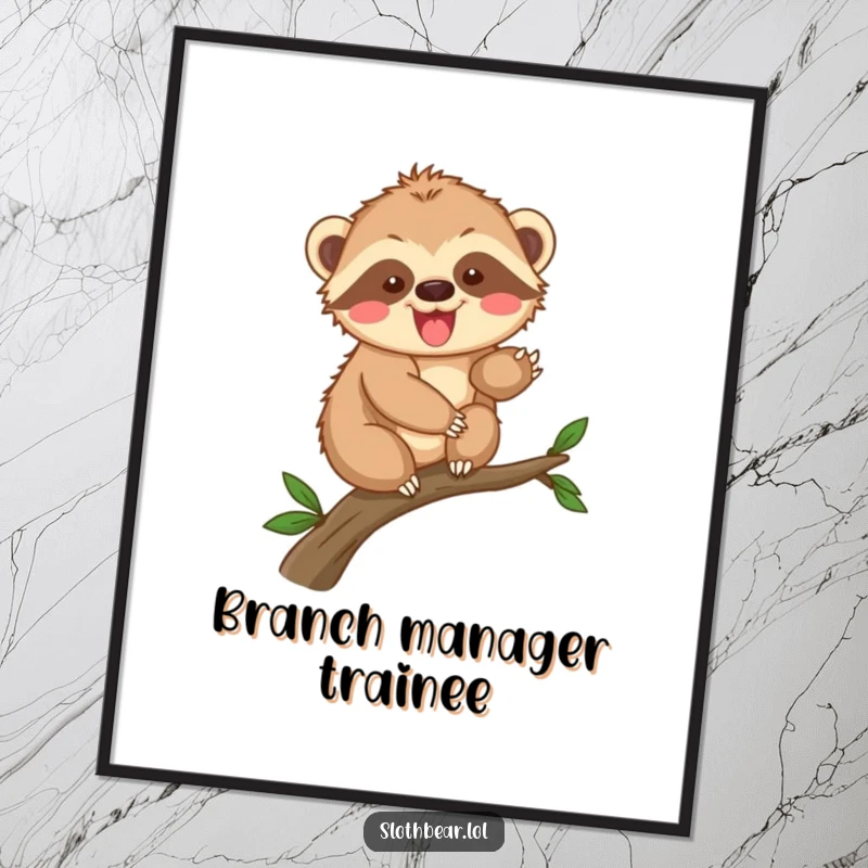 Funny sloth bear cub climbing digital art print, depicting an excited cub's climb, ideal for instant, energetic wall decor.