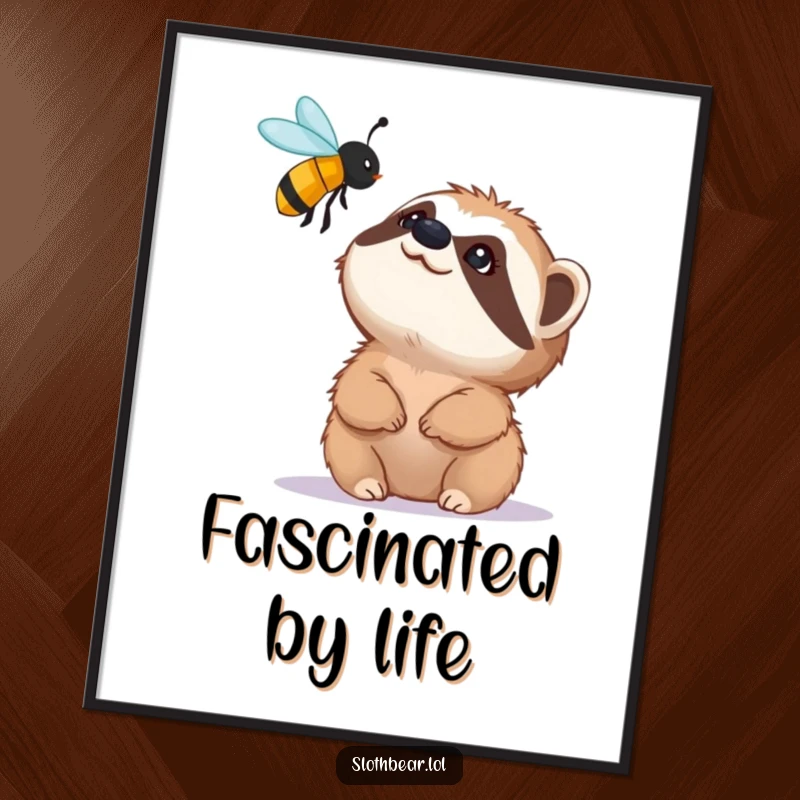 Funny digital art print of a small sloth bear character looking up with fascination at a buzzing bee, capturing whimsical wildlife wonder.
