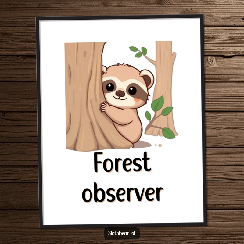 Funny digital art of a fuzzy-eared sloth bear peeking curiously from behind a tree trunk, bringing adorable animal humor to any room.