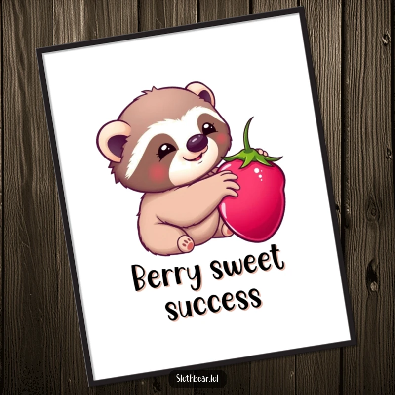 Funny digital art print: A kawaii sloth bear character happily reaching for a berry, full of sweetness and adorable charm.