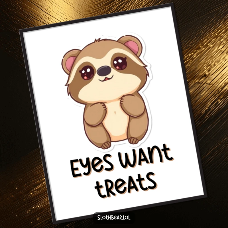 Funny Kawaii Sloth Bear Digital Art Print of a cute bear looking up with innocent eyes, offering instant sweetness and a funny gift.