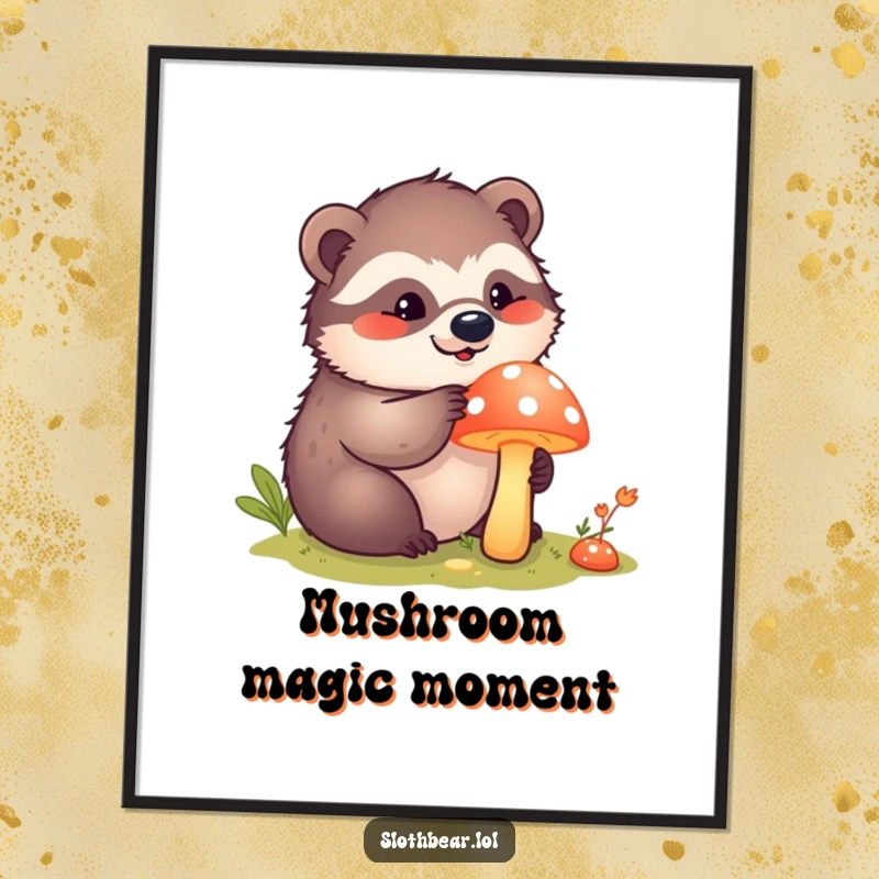 Funny kawaii sloth bear curiously poking a bright mushroom, captured as a high-resolution digital art print.