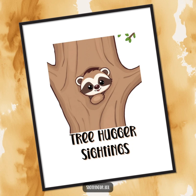 Funny digital art print: A kawaii sloth bear character curiously peeking from behind a tree, full of mystery and adorable charm.