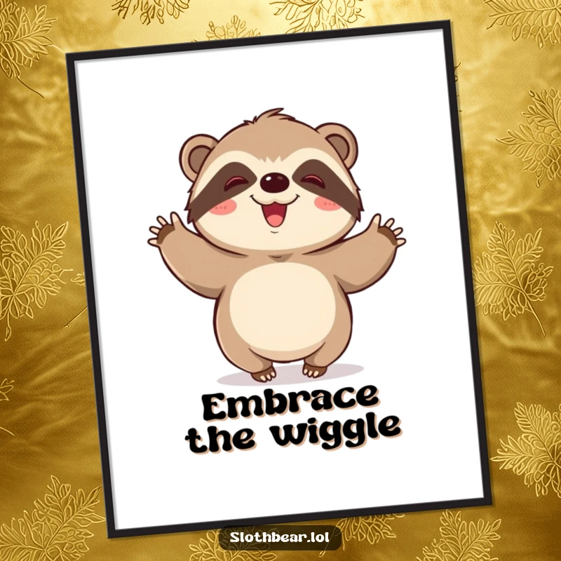 Funny digital art print: A kawaii sloth bear character doing a slow, joyous wiggle, full of happiness and adorable charm.