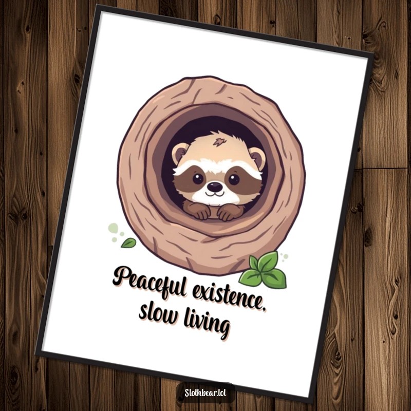 Funny sloth bear cub peeking from a hollow log, presented as a high-resolution digital art print, ideal for humorous wall decor.