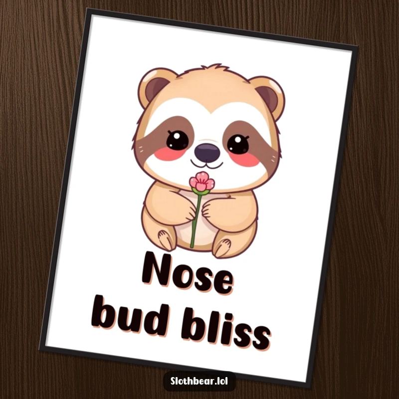 Funny digital art of a kawaii sloth bear character with a small flower bud delicately balanced on its nose.