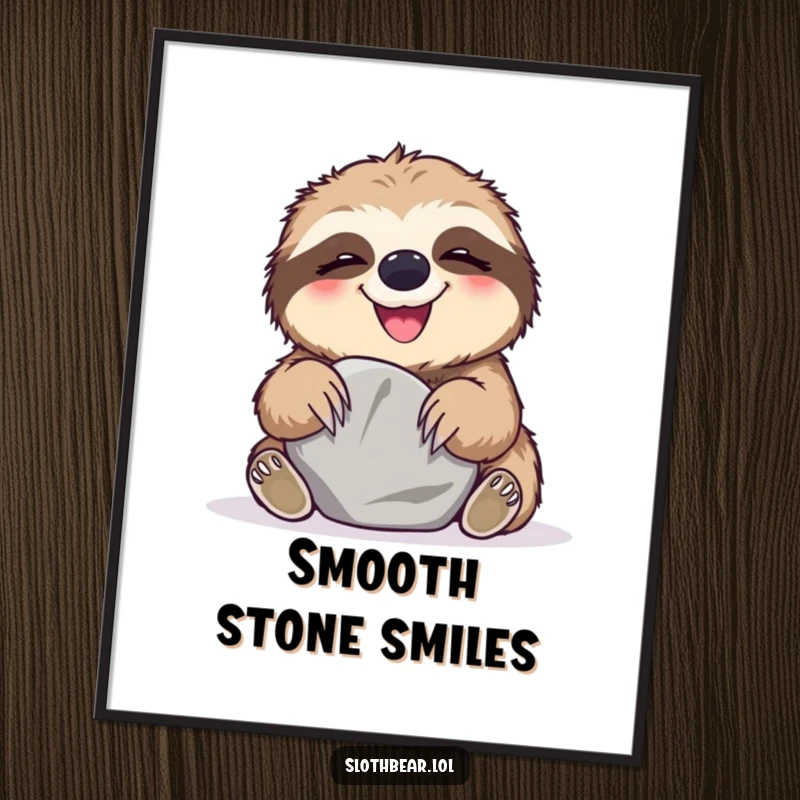 Funny Digital Art Print of a sloth bear giggling while playing with a smooth stone, an instant download for playful decor.