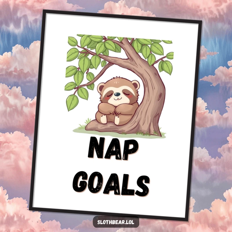 Funny sloth bear peacefully napping under a leafy tree, rendered as a high-resolution digital art print.