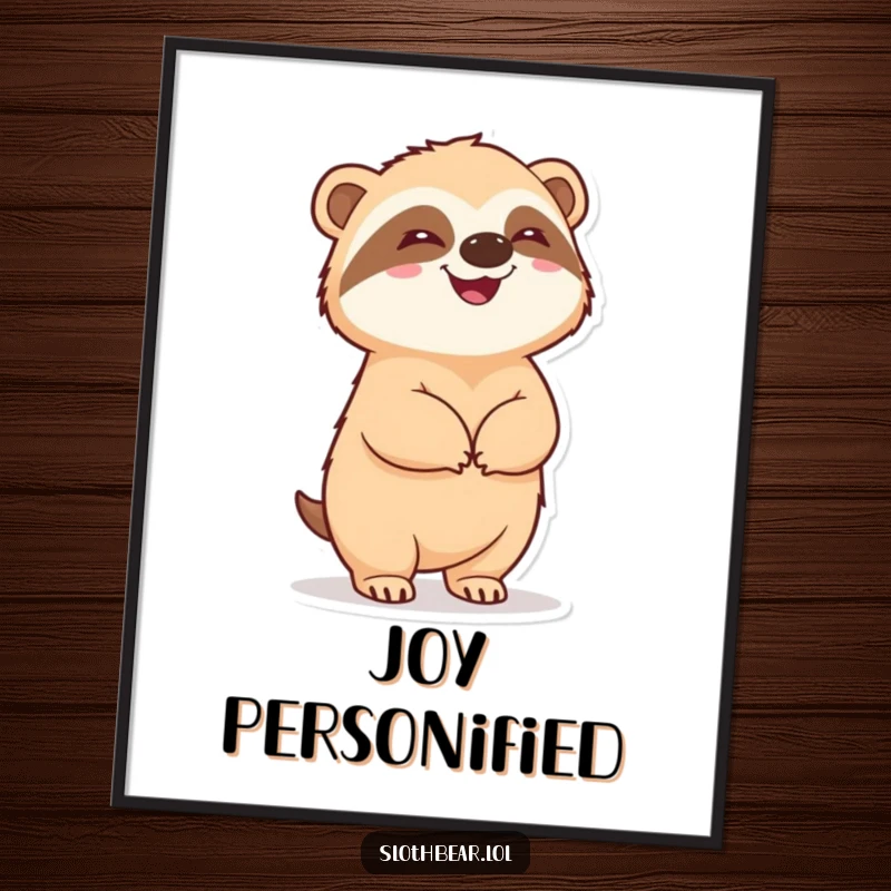 Funny sloth bear standing on hind legs, looking pleased, rendered as a high-resolution digital art print.