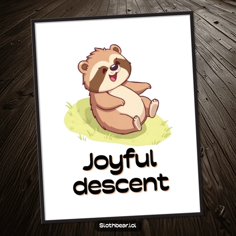 Funny sloth bear digital art print of a bear joyfully rolling down a grassy slope, capturing pure glee and playful humor.