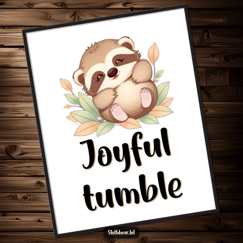 Funny digital art print of a baby sloth bear tumbling playfully in leaves. High-quality, humorous artwork for instant wall decor.