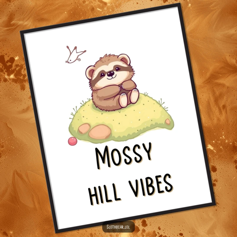 Funny kawaii sloth bear tumbling gleefully down a soft, mossy hill, captured as a high-resolution digital art print.