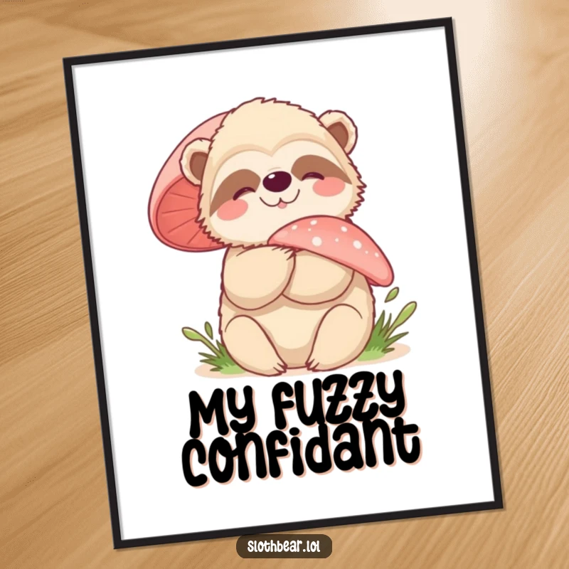 Funny sloth bear mushroom hug digital art print, capturing a joyful woodland scene, perfect for instant wall decor.