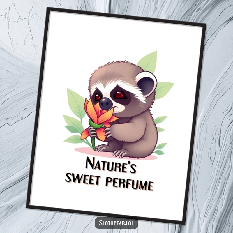 Funny sloth bear cub sniffing a vibrant flower, rendered as a high-resolution, downloadable digital art print.