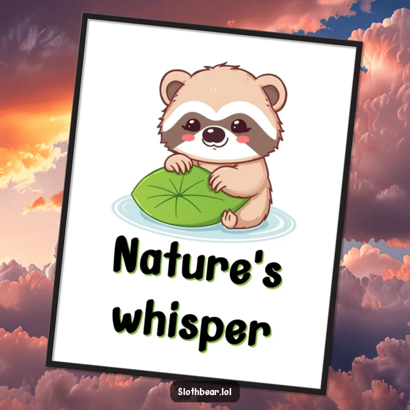 Funny digital art of a kawaii sloth bear character gently nudging a single leaf floating on water.