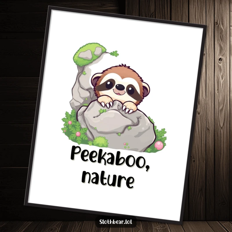 Funny cheerful sloth bear character peeking from behind a large mossy rock, available as a high-quality digital art print.
