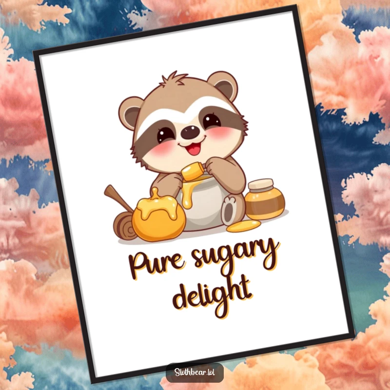 Funny digital art print of a smiling sloth bear happily munching on honey, instantly downloadable for sweet decor.