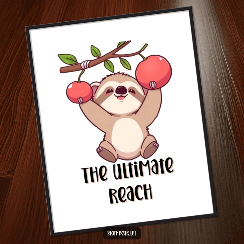 Funny digital art print of a baby sloth bear cub comically reaching for a hanging fruit, ready for download.