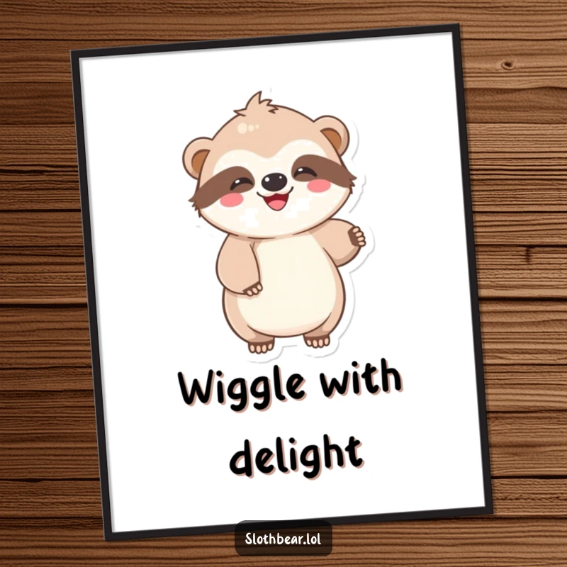 Funny Digital Art Print of a kawaii sloth bear character doing a lazy, joyful wiggle, perfect for instant decoration and cheer.