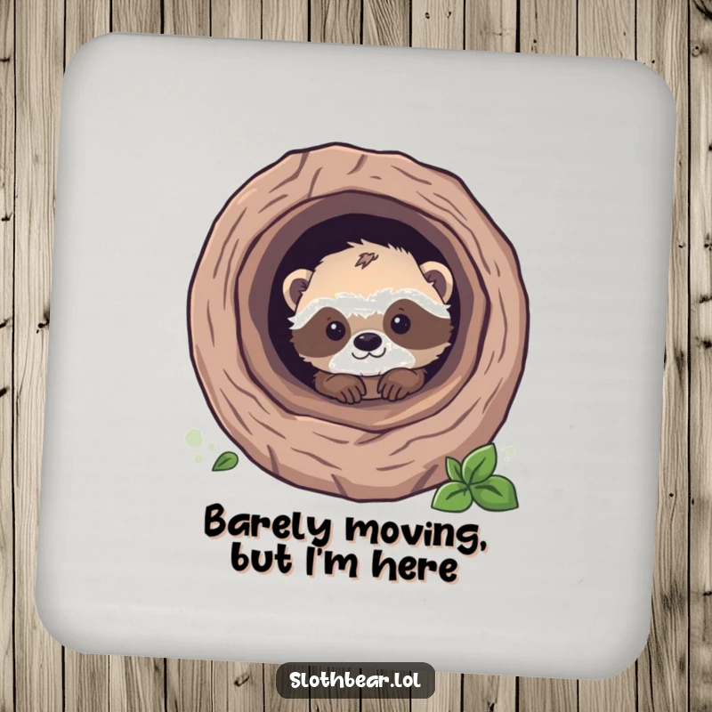 Funny sloth bear cub peeking from a tree log, designed as a drink coaster, bringing cute and humorous protection.